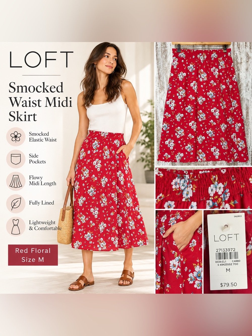 LOFT Smocked Waist Red Floral Midi Skirt Women’s Size M